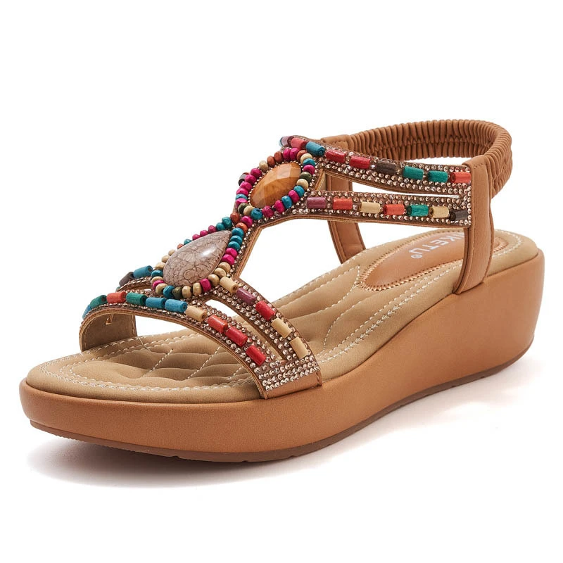 Ethnic Style Bohemian Retro Beaded Elastic Band Rhinestone Heel Sandals For Women's Thick Sole Casual And Comfortable New view 3
