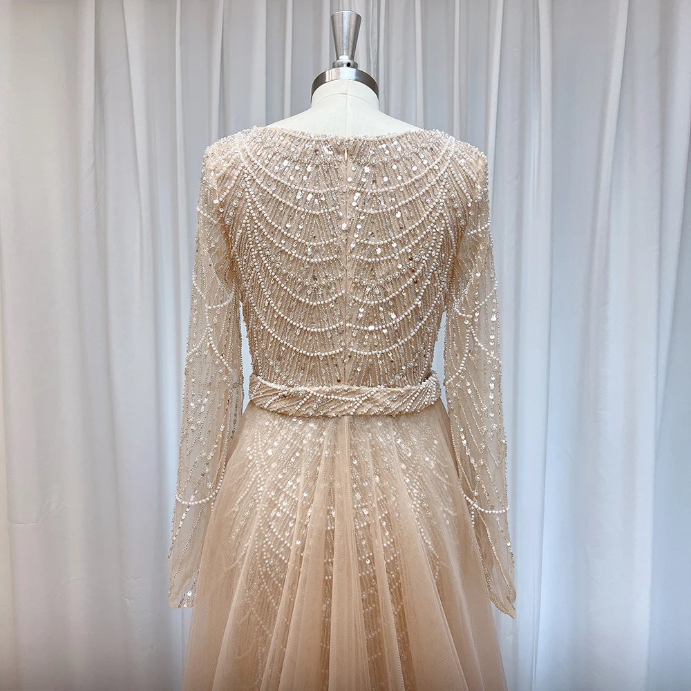 Vestido de noche elegante de sirena desnuda con perlas para mujer, falda desmontable, vestido Formal de manga larga para fiesta de graduación y
