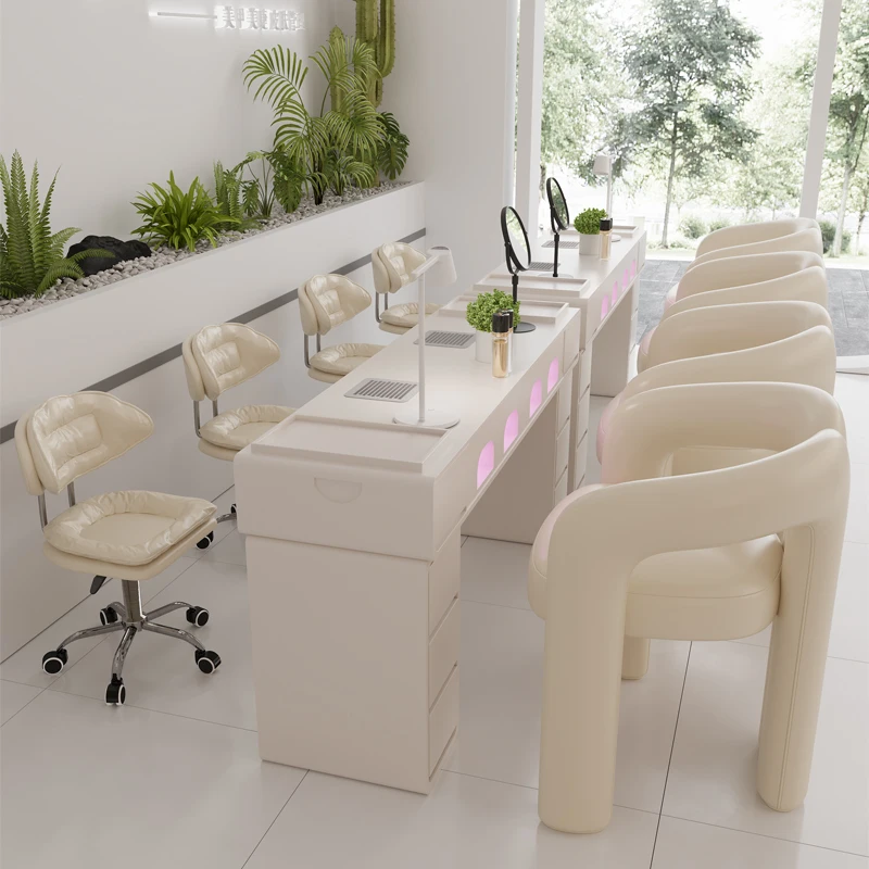 Nail Table Chair Set with LED Light, Dust Extractor, White Nail Station, Cream Sofa Chair for Salon, Manicure Pedicure Furniture