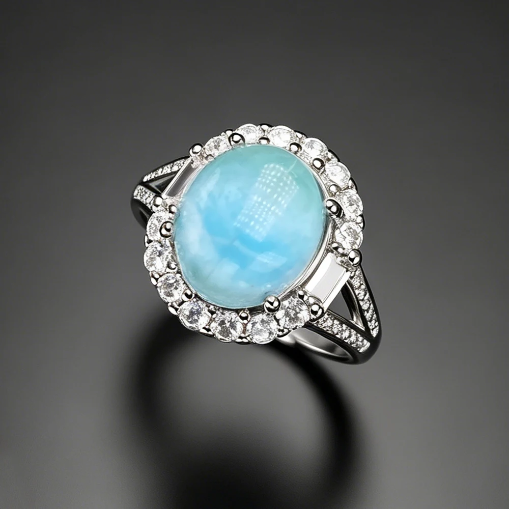 100% Natural Larimar Rings Bling Gemstones Oval 9*11mm for Women Ladies Girls Wedding Engagement Trendy Jewelry Bands Gift