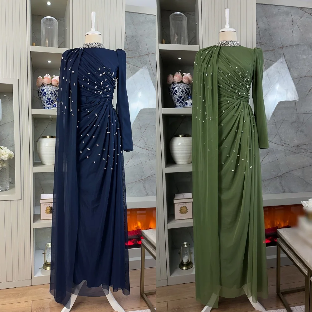 

Customized Chiffon Rhinestone Pleat High Collar Long Dresses Bespoke Occasion Zip Prom Evening Elegant Party Wedding Glitter