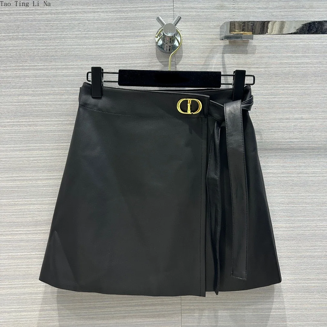 2023 Women New Genuine Sheep Leather Skirt High Waist A-line Metal Buckle Versatile Real Sheepskin Skirt E9