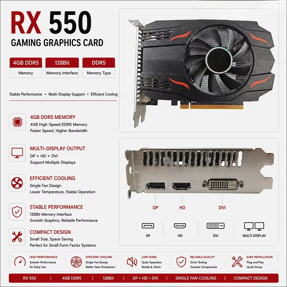 RX 550 4GB GDDR5 128Bit Gaming Graphics Card OEM Wholesale in Stock for Desktop Computer Assemblers