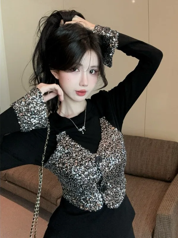 

Fashionable Sequin Patchwork Slim Fit Base Shirt Women's Top Elegant Luxury Feel Citywalk Long Sleeve T-shirt French Style