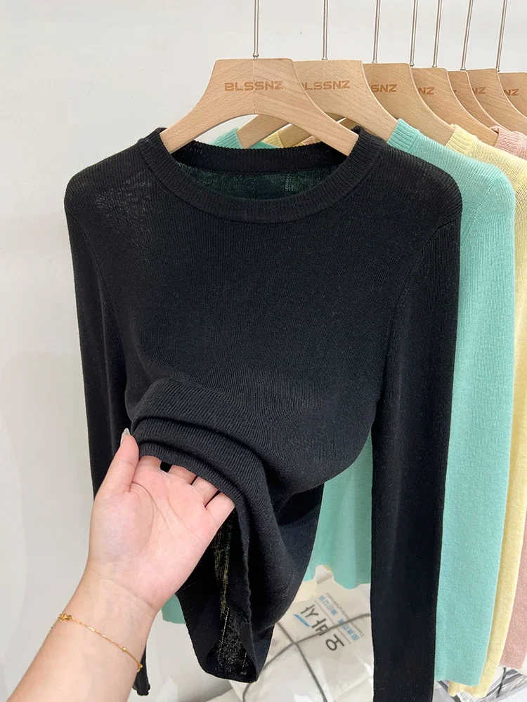 Lente Basic O-hals Slanke T-shirt Dames Effen Meerkleurig All-Match Trend Casual Top Schroefgebreid Lange mouw Elastisch Kantoor Dame