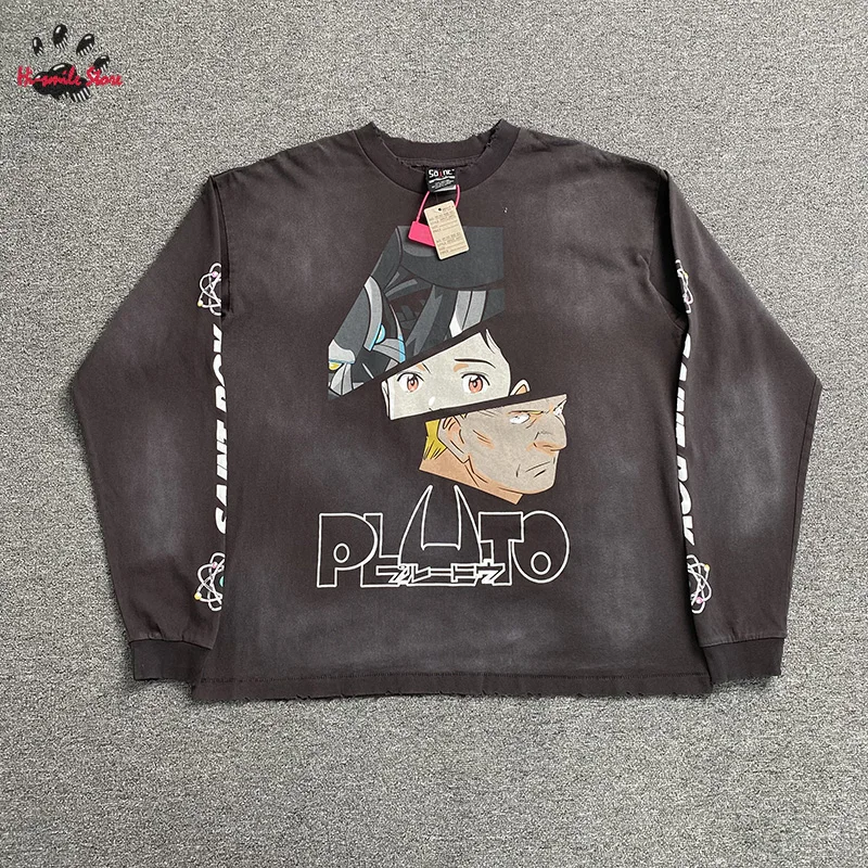 الكرتون أنيمي الطباعة أفضل جودة تي شيرت خمر فضفاض عادية سانت كم طويل تي شيرت الرجال امرأة شارع العليا خمر #1