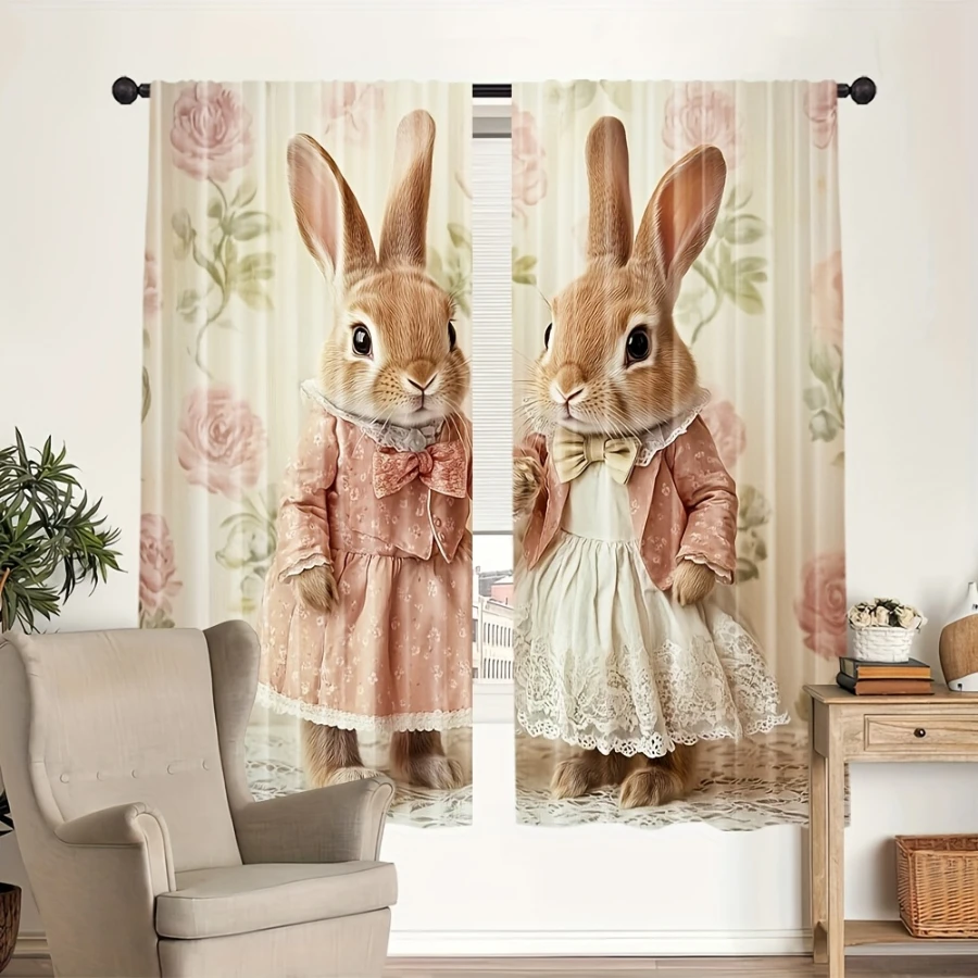 2PCS Digital Print  Curtain, Pink Rose Rabbit, Bohemian Style  Curtain Panel for Home Living Room Bedroom Decor