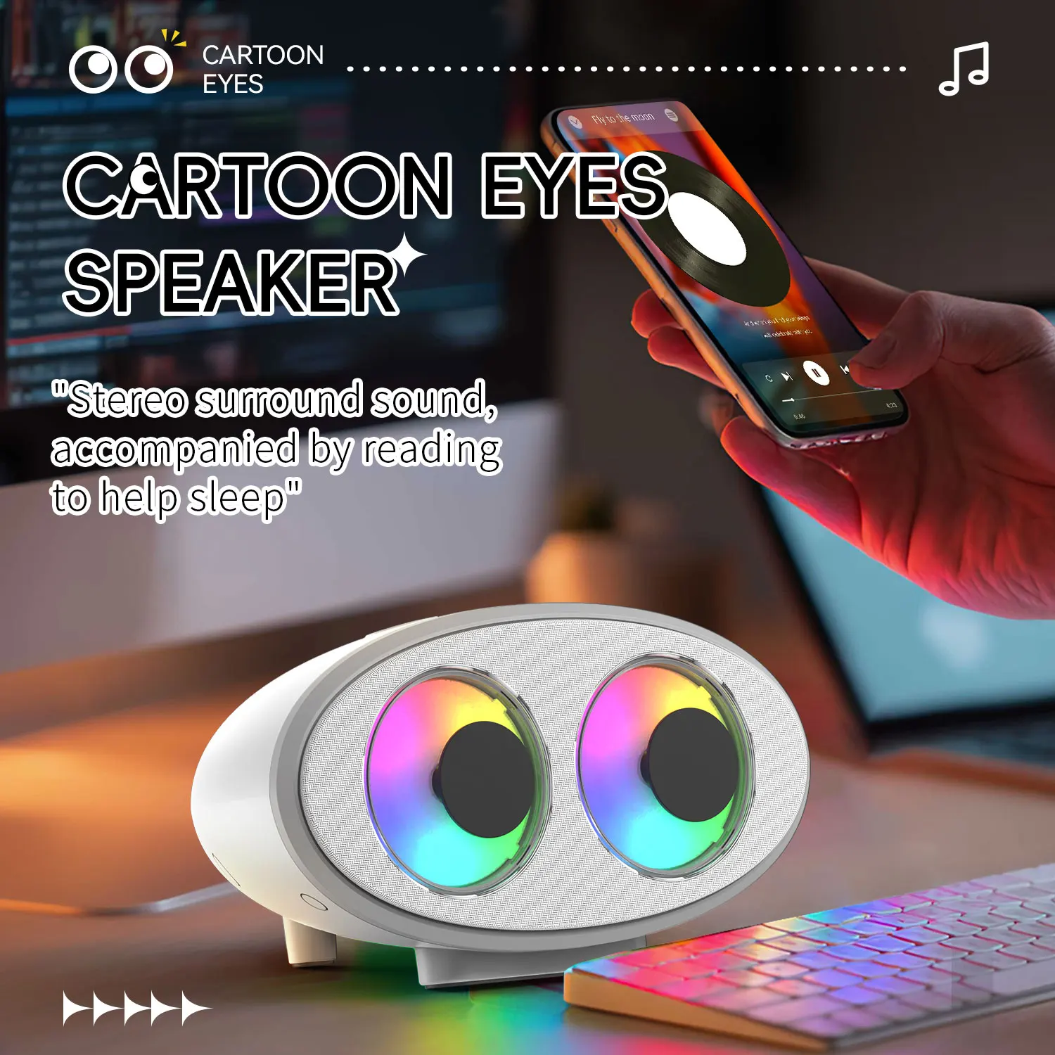 무선 지능형 휴대용 아이 스피커, RGB 눈 분위기 조명, USB 충전 지원, 크리스마스 및 생일 선물로 이상적