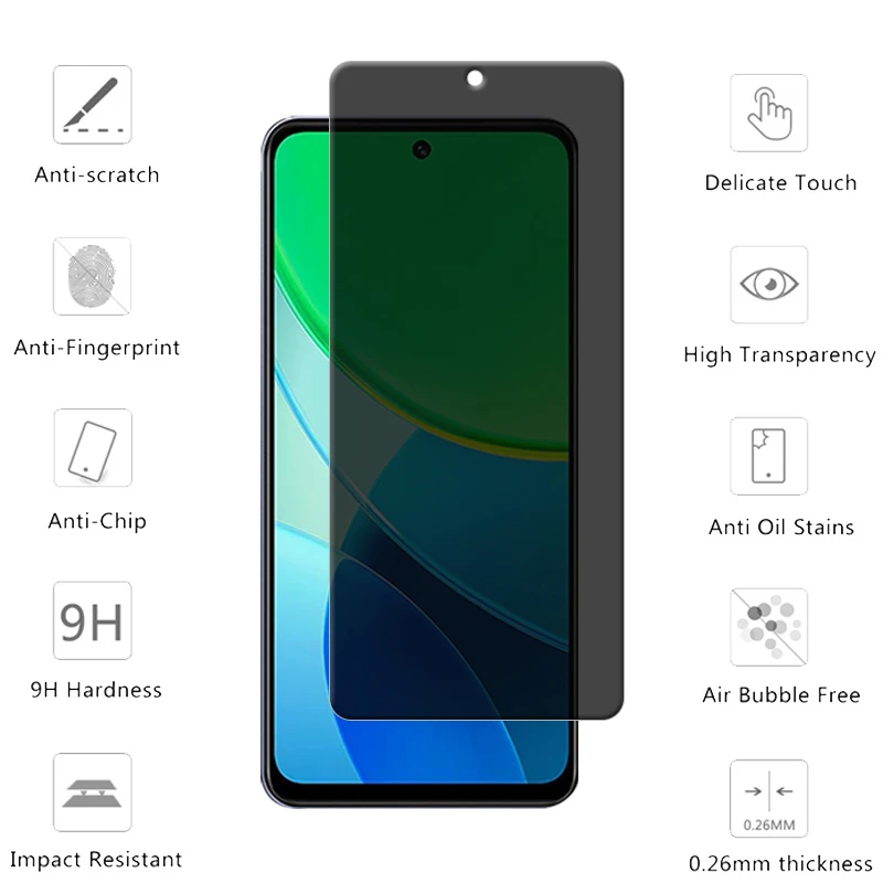 4Pcs For Vivo Y19S Glass Vivo Y19S Tempered Glass Phone Protective HD 9H Cover Glue Privacy Anti-Spy Screen Protector Vivo Y19S