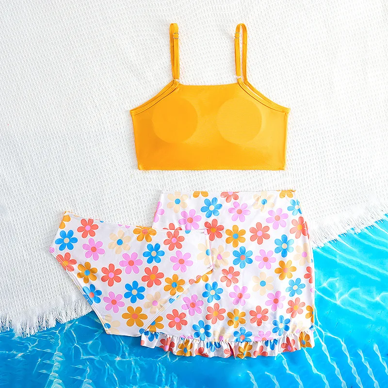 3 Pieces Floral Bikini 2026 Girls Swimsuit High Waist Kids Swimwear & Beach Skirt Pink Children Swimming Bathing Swim Suit