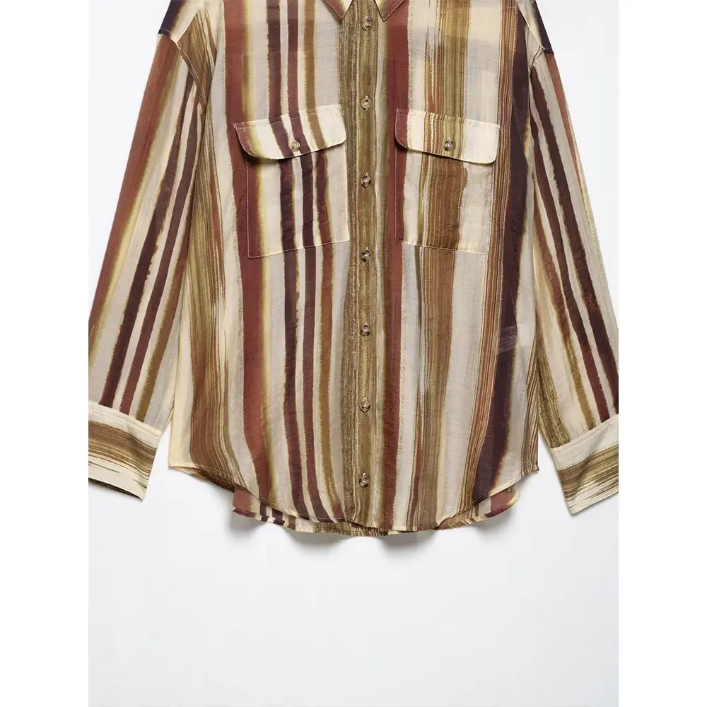 New Women Camisas Fashion With Pockets Striped Blouse Casual Lapel Neck Long Sleeves Elegance Female Chic Lady Shirts