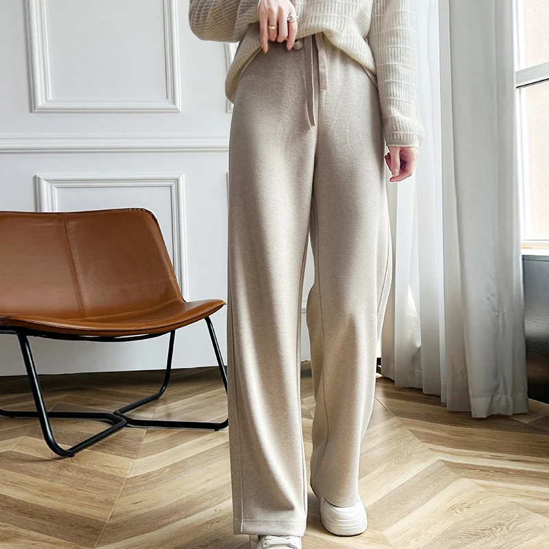 Celana Panjang Fashion Wanita 100% Wol Merino Fashion Warna Solid Celana Panjang Kasmir Lembut Hangat Nyaman Dasar Nyaman