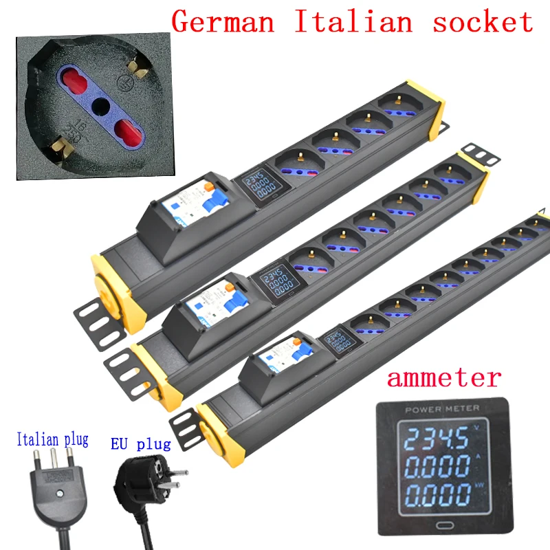 

PDU power strip network cabinet rack 1-9 way German Italian socket 2M extension cable 360 rotating bracket ammeter