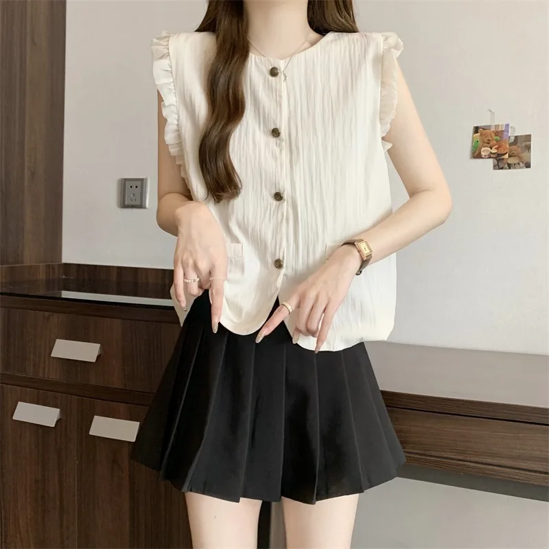 Summer New Design Shirt Versatile Elegant Splice Lace Sweet French Style Sleeveless Vest Top Women's Buttoned Shirt Pure Color