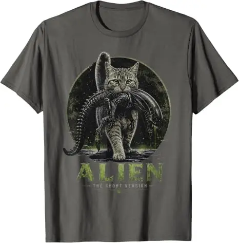Alien Kurzversion Katze Sci-Fi Horror Parodie Lustiges T-Shirt Y2k UFO Katze Alien Grafik Damen Herren Kleidung Geeks Einzigartiges Neuheiten-T-Shirt – Detail 7