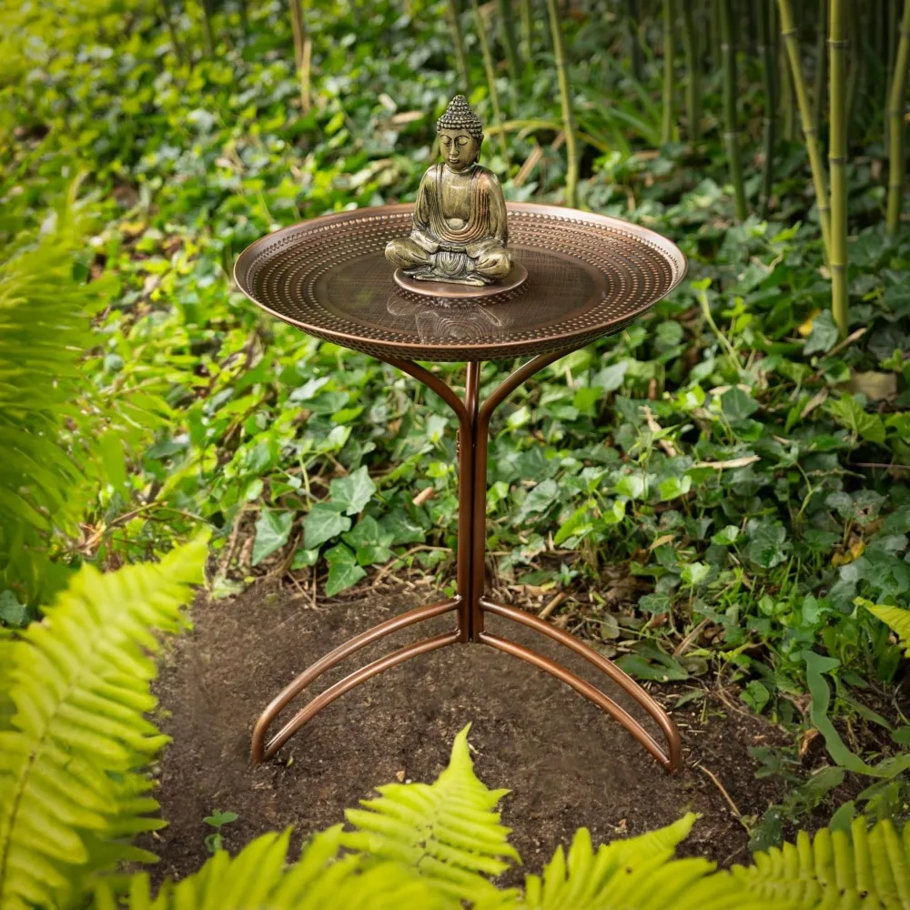 

Tranquility Hand-Hammered Pure Copper Birdbath, Featuring Meditating Buddha, 20” Diameter, Powder-Coated