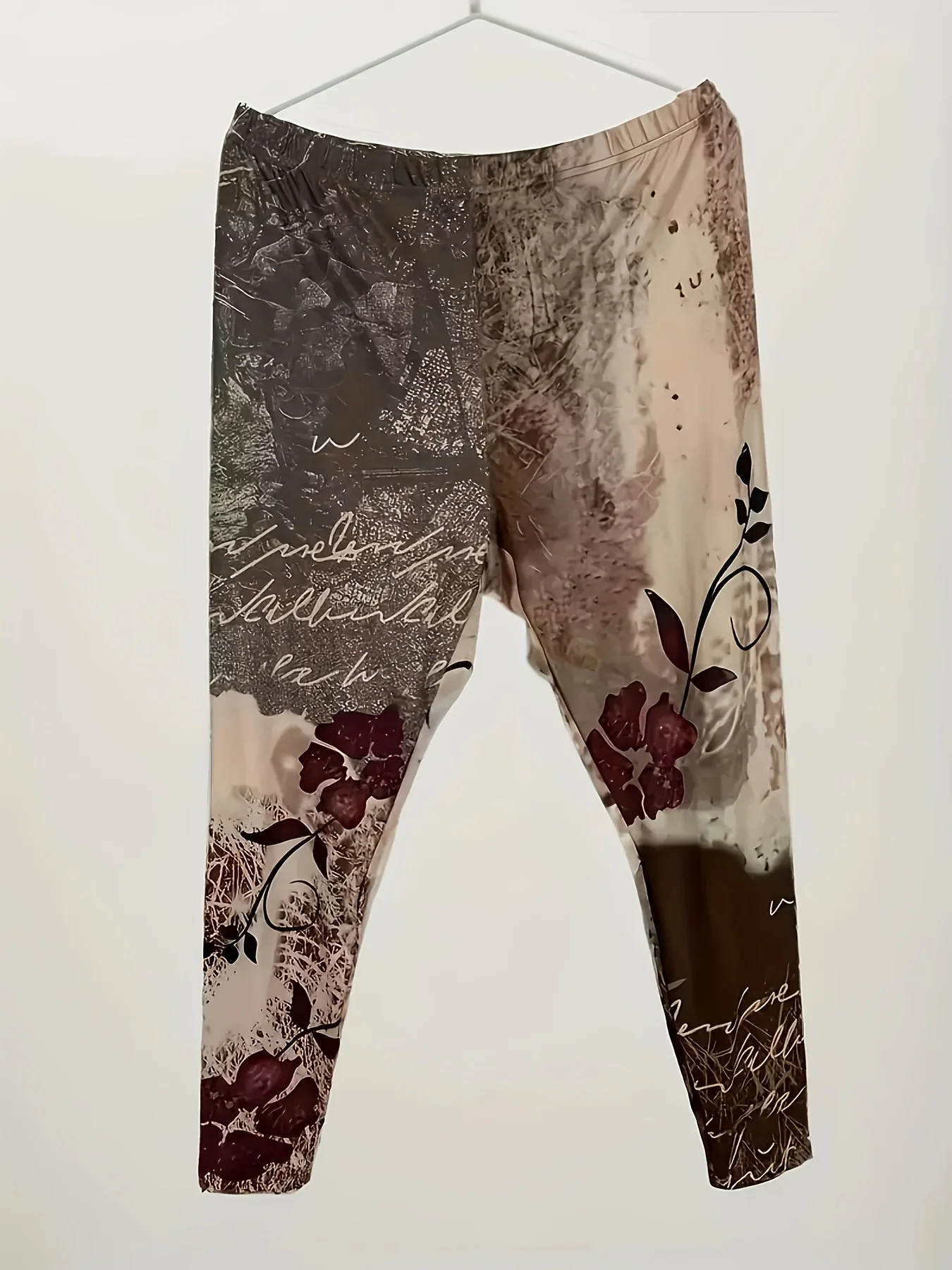 Women Mid‑Rise Fleece Lined Leggings Vintage Brown Floral Print Soft Stretch Slim Warm Ladies Casual Pants