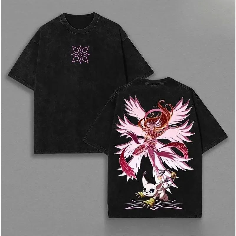 Angewomon Digimon Adventure T-shirt Anime Vintage Washed Oversized Tshirt Men's Unisex Clothing Short Sleeve Cotton Tees Tops
