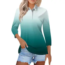 Długie rękawy Gradientowy nadruk Koszulka polo Kobieta Jesień Moda Klapy Guziki Casual T-shirt Top Kobiety 3/4 Rękaw Pullover Kobieta