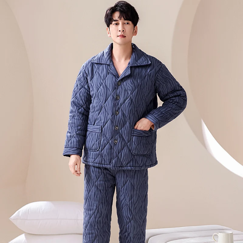 Winter thickened three-layer cotton quilted men's pajamas cardigan lapel collar fashionable men's home wear cotton-padded