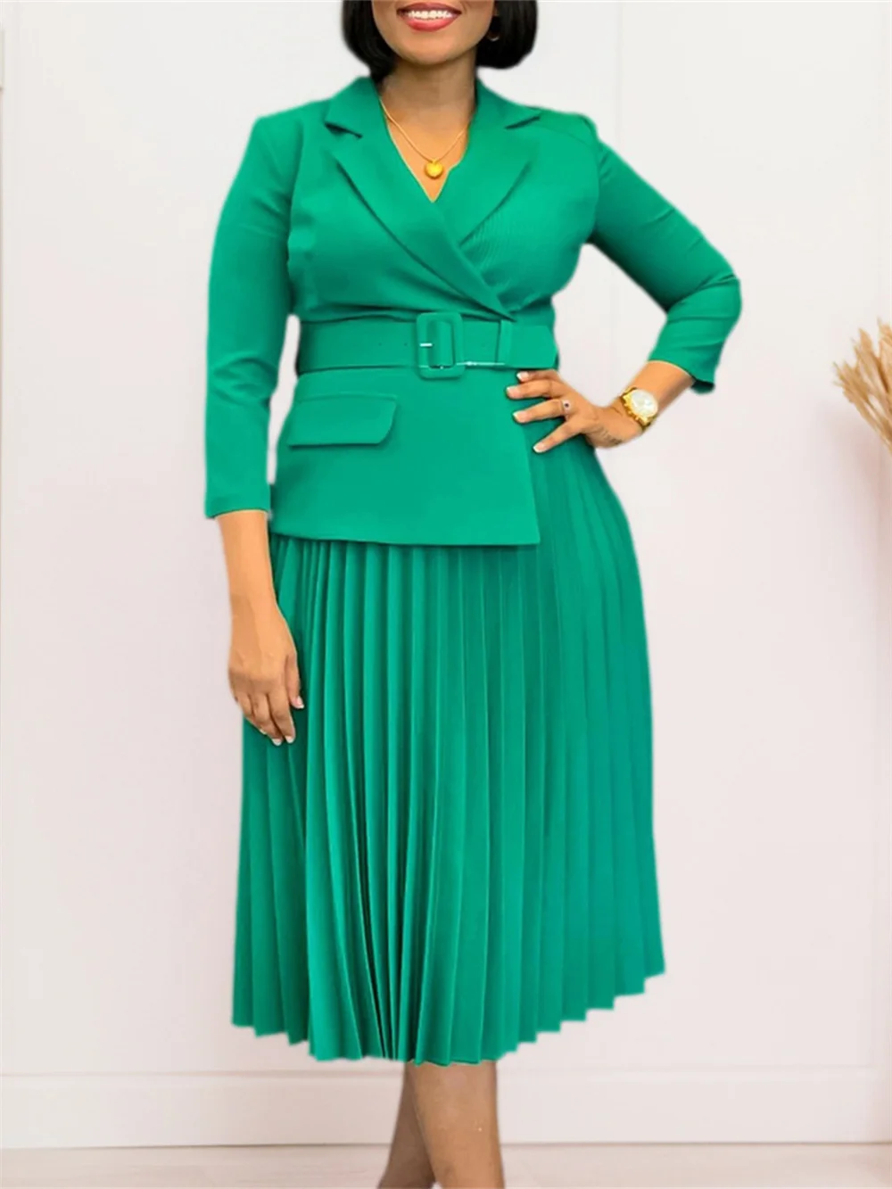 Elegant Office Ladies Pleated Dresses 2025 Summer Autumn Clothing V-neck Maxi Robe Party Evening Prom Gown Fashion Women Dress