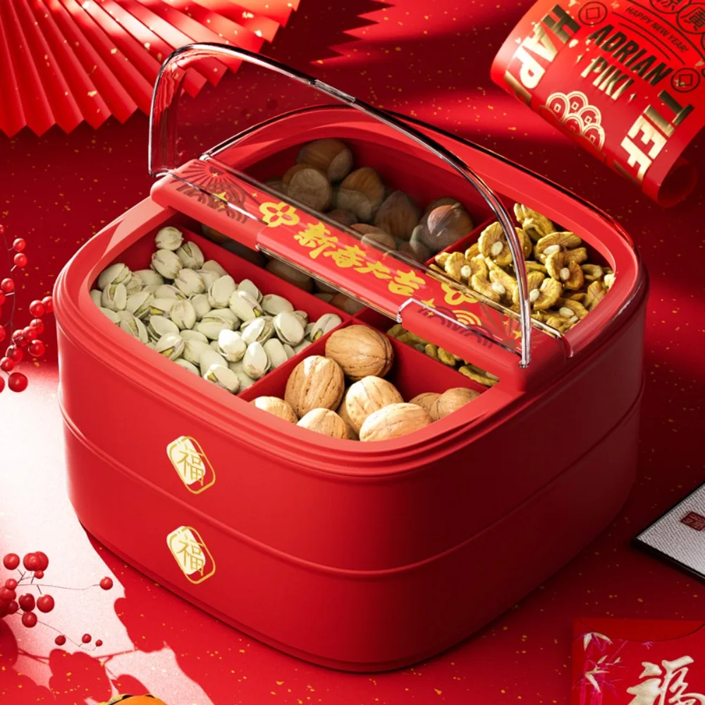 Party Supplies Red Chinese New Year Candy Fruit Tray Flip Cover Divided Snacks Plate Square 1/2/3 Layer Candy Box Living Room