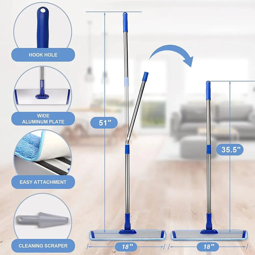 18 Microfiber Mop with Stainless Steel Handle, 2 Washable Pads for Hardwood and Laminate Floors (Blue)