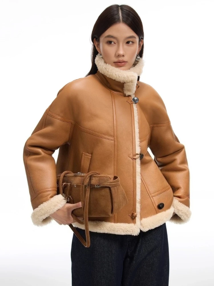 

High-end Luxury Merino Sheep Fur Motorcycle Jackets for Women 2025 Simple Short Winter Genuine Leather Real Fur Shearling Coat