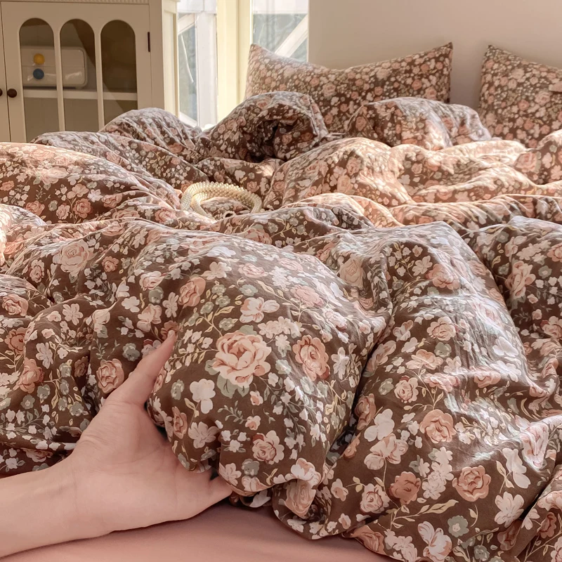 Korean Style Floral Bedding Sets 2025 New Washed Cotton Duvet Cover Set Cute Bed linen Girls Bedding Sheet Sets With Pillowcases