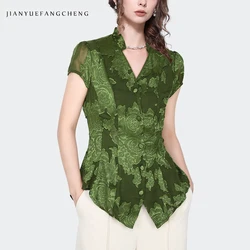 Fashion Embossed Floral Green Chiffon Blouse Women Summer Tops Short Sleeve Ruffled V-Neck Female Vintage Slim Shirts