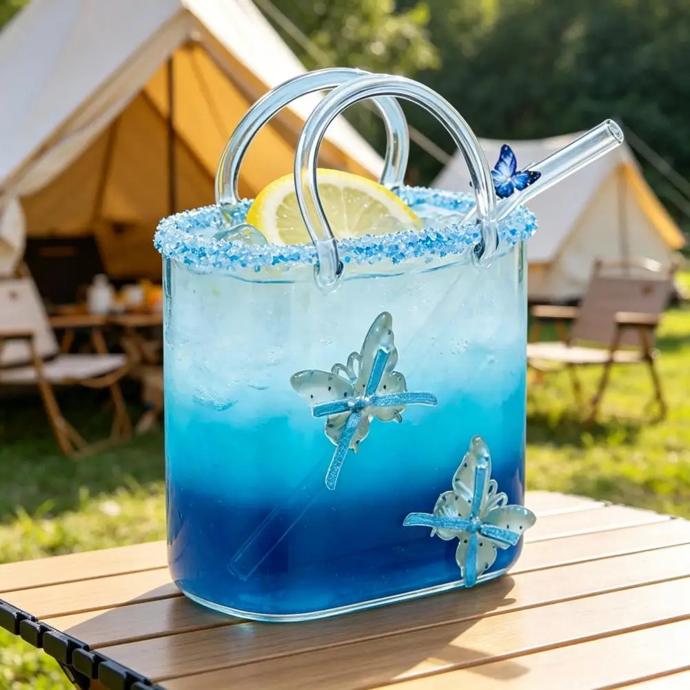 Purse Shaped Wine Glass, 750ml Handbag Cocktail Tumbler with Straw, Unique Glass Cup for Juice Soda, Creative Vase for Flowers