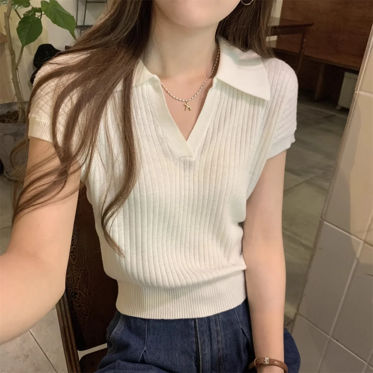 

hot selling women's collar 100 fine spun silk T-shirt summer knitted fashionable slim fit women's pullover short sleeved T-shir