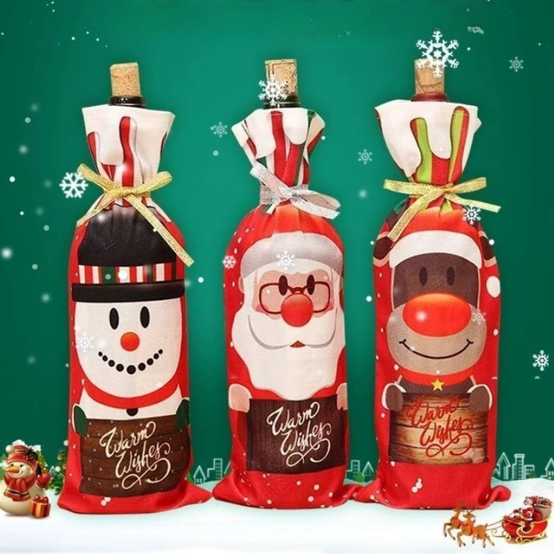 Christmas Wine Bottle Covers Santa Claus Snowman Elk Printed Champagne Bottle Ornaments Bags Xmas Gifts for New Year Table Decor