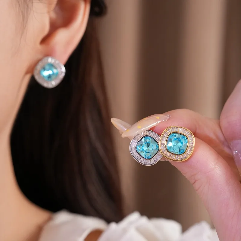 Vintage Oval & Rhombus Sea Blue Zircon Stud Earrings Baguette Crystal Halo Setting Luxury Court Style Women Earrings