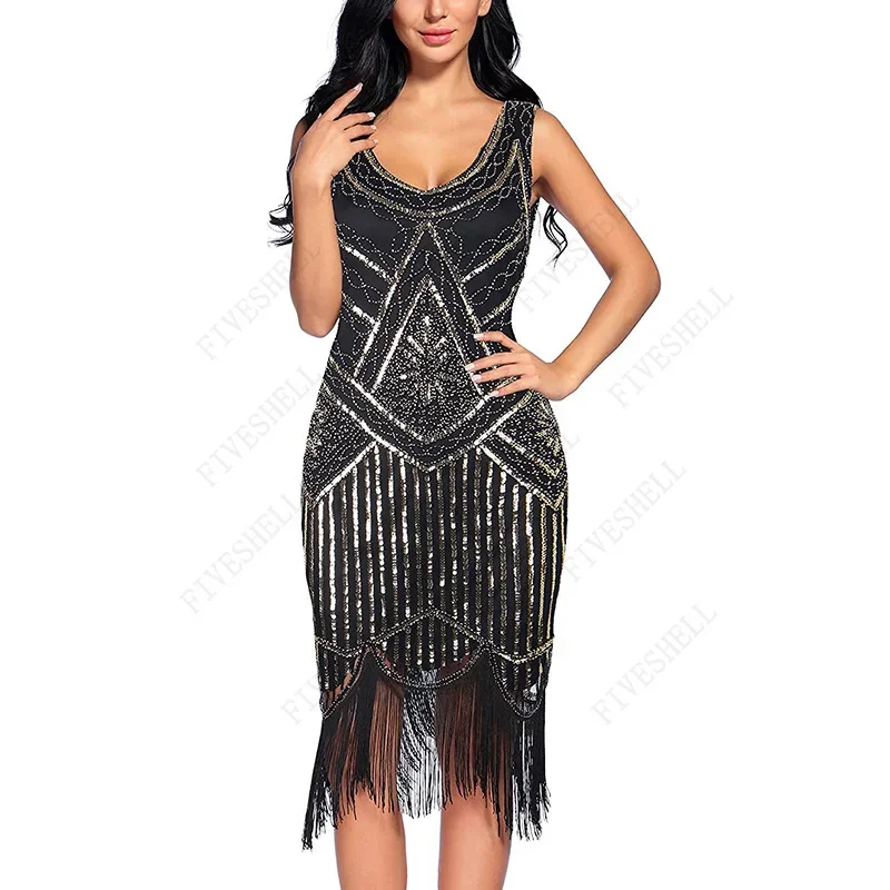 Red White Black Beige Black Red Ladies 1920s Gatsby Roaring 20s Flapper Gatsby Costume Charleston Sequin Outfit Dress