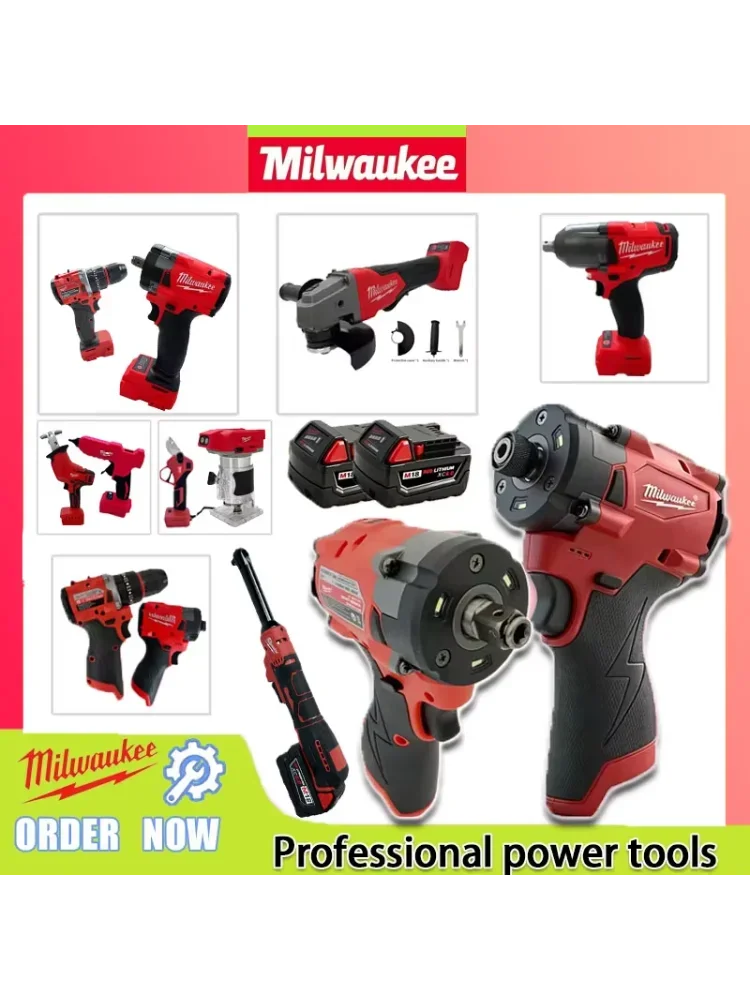 Milwaukee Werkzeuge wie Entfernungsmesser, Winkelschleifer, Elektroschrauber, Bohrmaschinen, Gebläse und Schlagschrauber für 18V-Akkus