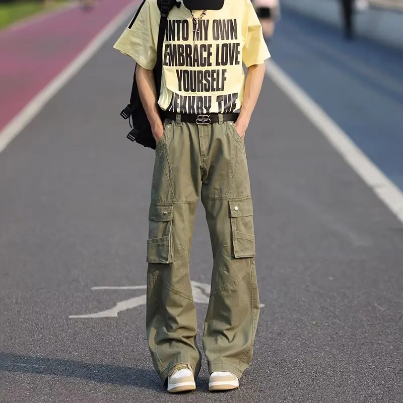 

American Style Retro Deconstruction Design Mul Pocket Micro Flare Cargo Pants Unisex Straight Leg Washed Distressed Long Pants