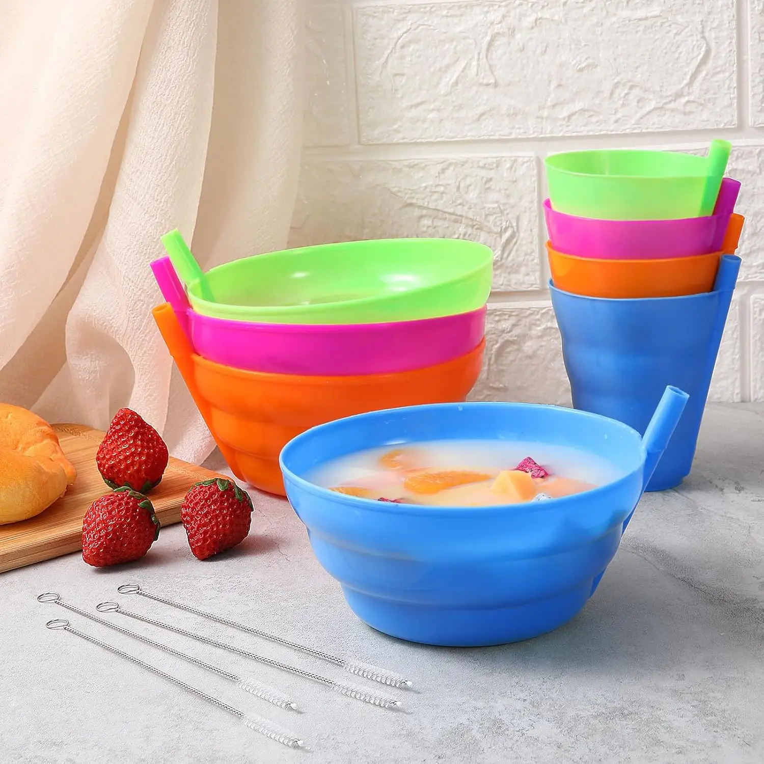 4PCS Cereal Bowls with Straws for Kids  20 Ounce BPA-Free Plastic Reusable Bowls with Built-In Straws for Children