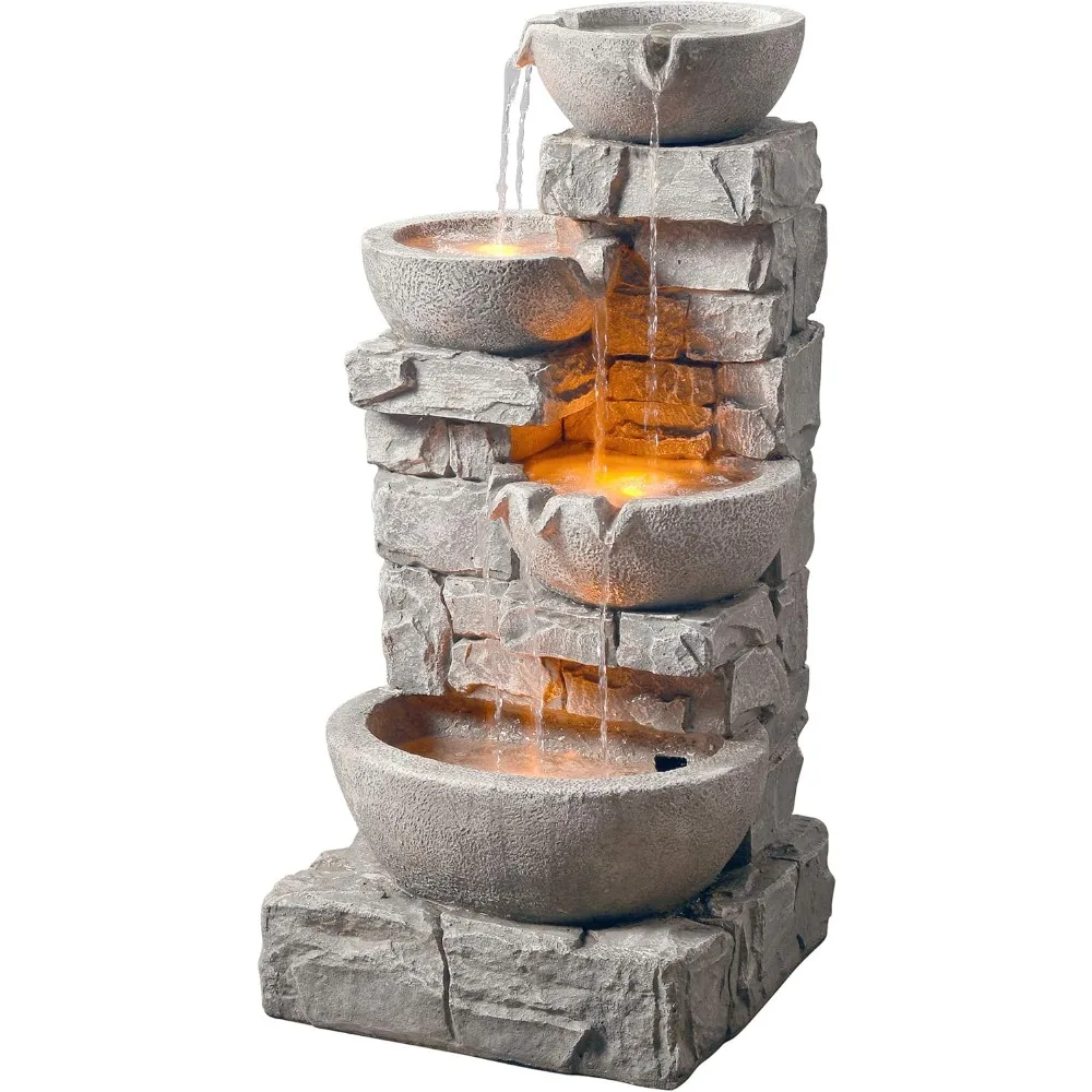 33.25 in. Cascading Bowls and Stacked Stones LED Outdoor Water Fountain for Gardens, Landscaping, Patios, Balconies, and Lawns