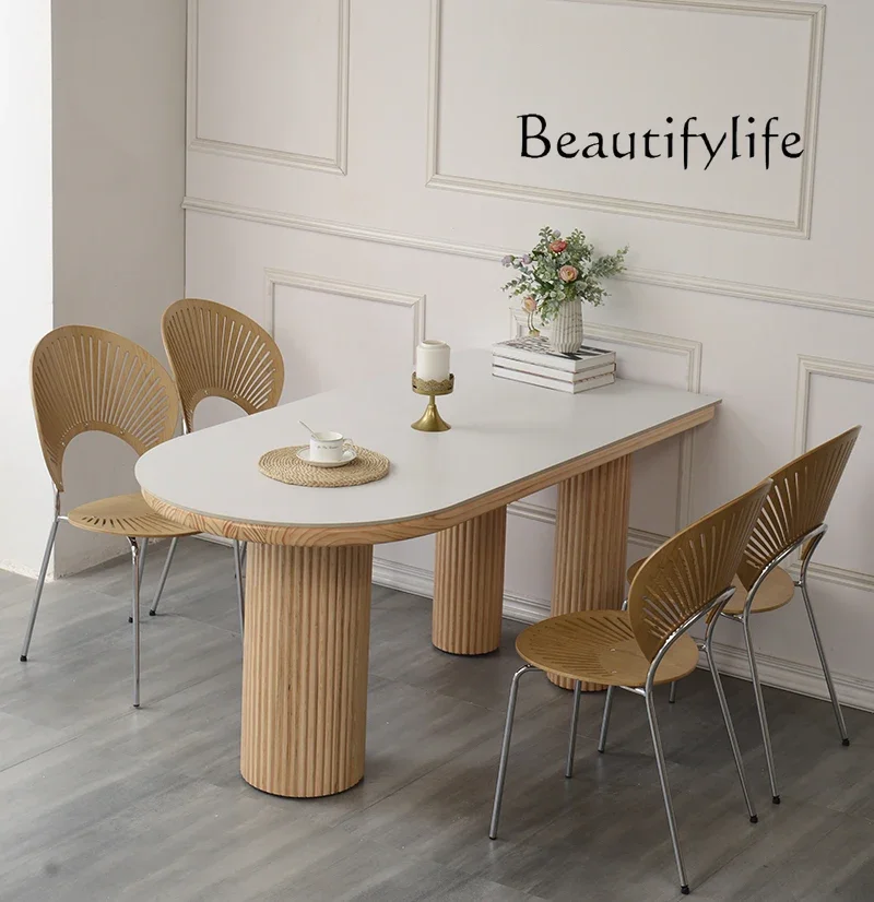 Solid Wood Stone Plate Dining Table Small Apartment Japanese Style Log Cream Style Dining Table Semicircle Kitchen Island