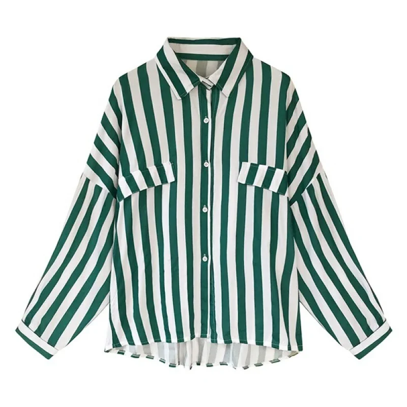 Fall Women Vintage Classic Striped Streetwear BF Oversize Chiffon Blouse Shirts Chic Fashion Casual Loose Long Sleeve Top Female