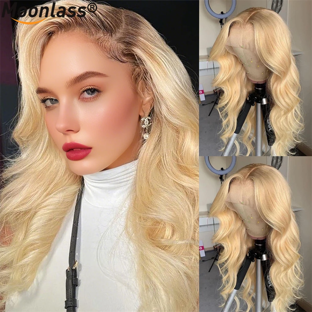 Ombre Blonde 4/613 Pre Plucked Virgin Human Hair Wig With Dark Roots 13x6 Body Wave Free Part Swiss Lace Front Wig Human Hair
