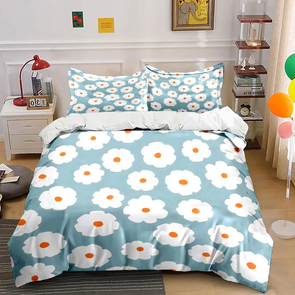 White flowers orange cores blue background Bedding Set for Kids Luxury Gift 3pcs Digital Print Comforter Set Soft Comfortable