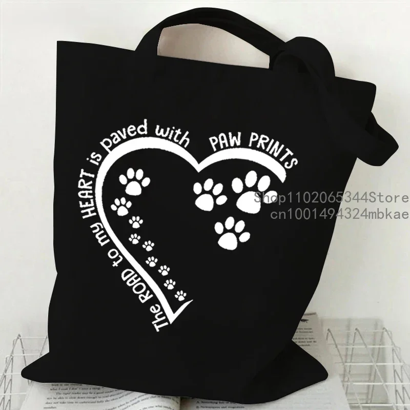 Women Dog Paw Heart Printed Shoulder Bag Cartoon Cute Retro Canvas Tote Bags Men Reusable Shopping Bag Fashion Lady Handbags