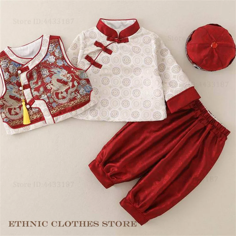 الصينية الربيع احتفالي السنة الجديدة تانغ دعوى زي الديباج التنين Hanfu سترة علوية السراويل طقم قبعات مائة يوم التصوير الملابس