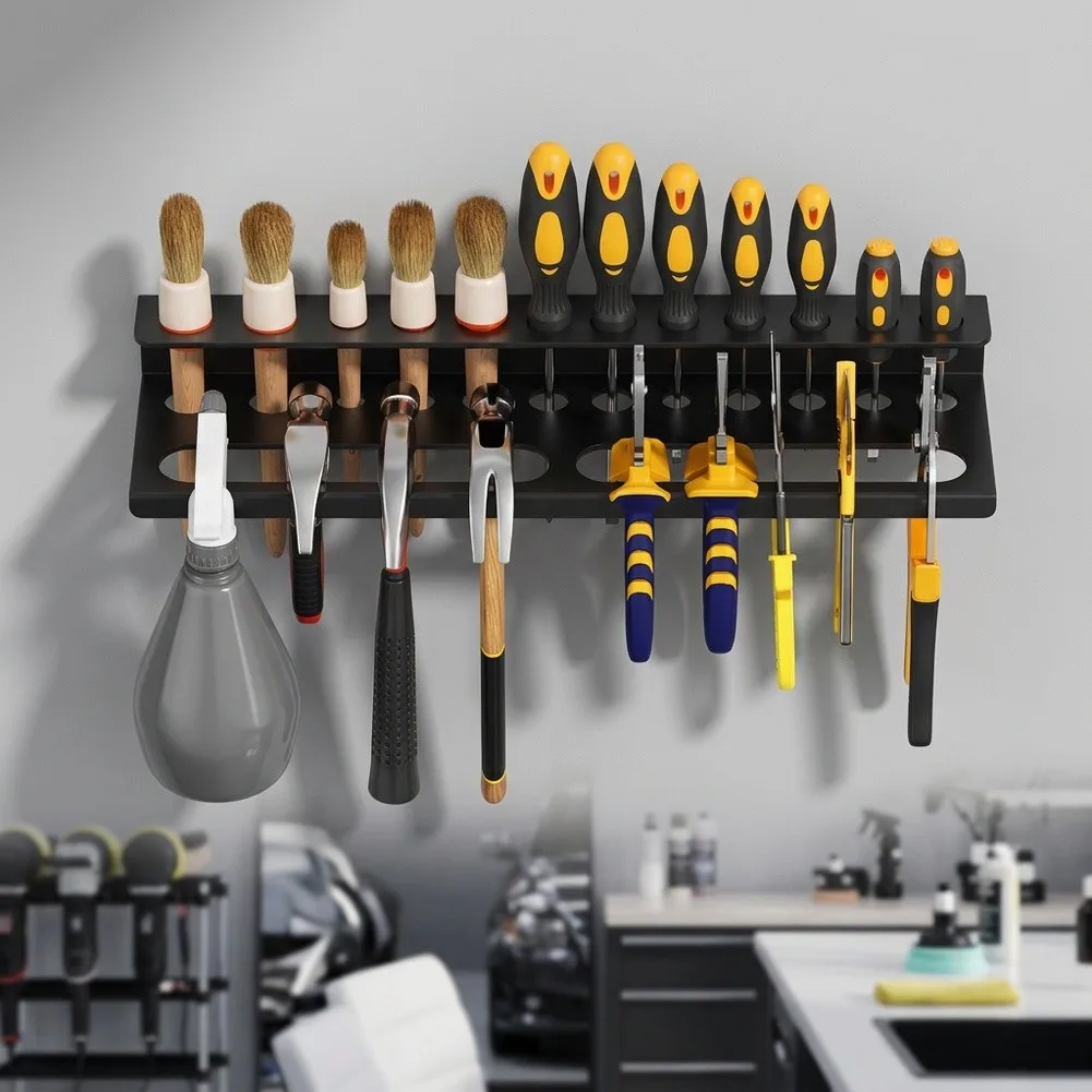 Garage Tool Organizer Wall Mounted Metal Rack - 40 x 12.7 x 4.4 cm Black Tool Holder with Multi Slot Layout and Strong Build