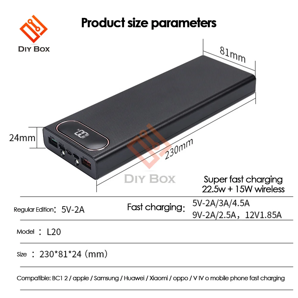 Wymienny USB 10*18650 etui na powerbank 22.5W + 15W szybko ładująca ładowarka do telefonu przechowywanie DIY 18650 uchwyt na baterie etui z funkcją