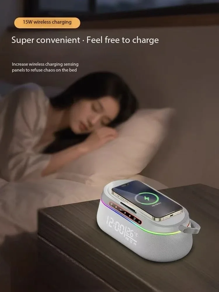 Novo despertador led recarregável com carregador sem fio de 15w, alto-falantes bluetooth e função de luz noturna ideias para presentes para decoração