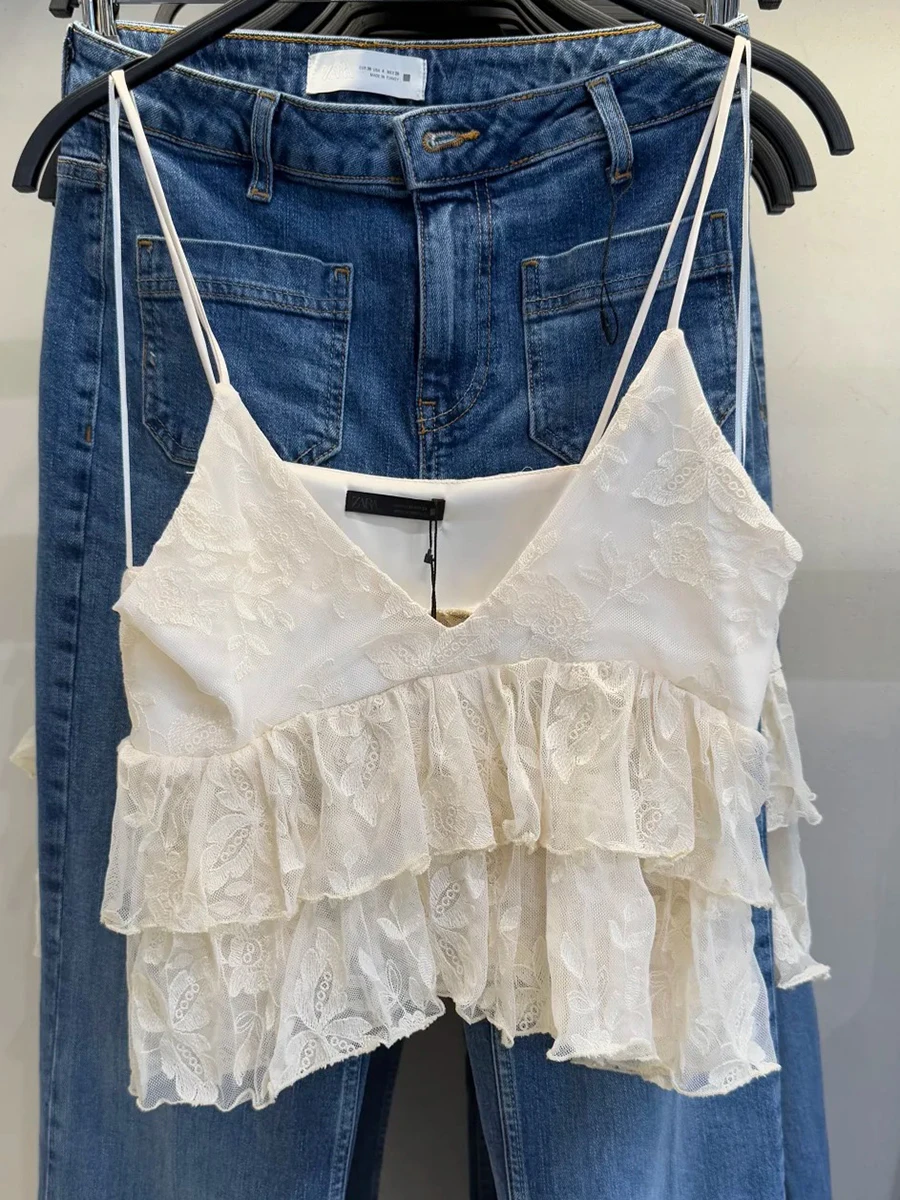

Lace Jacquard Tiered Tank Top Women Summer New Sexy V Neck Sleeveless Backless Cropped Vest Simple Casual Fashion Crop Top Camis