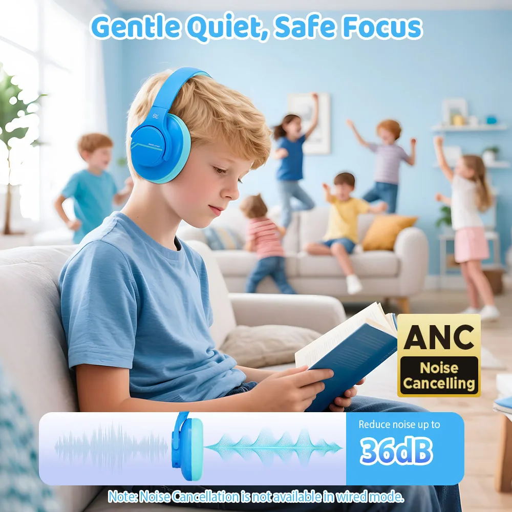 ANC Noise Cancelling Headphones For Kids Wireless Bluetooth Headphones Safe Volume Limited Headset With Mic for School Travel